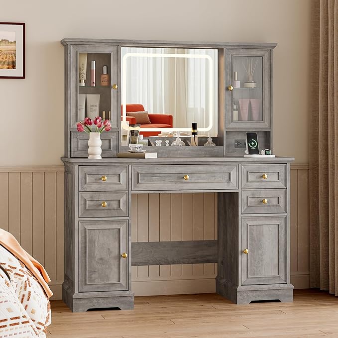 Vanity Desk with Lights, Large LED Mirror with 3 Color Modes, Makeup Vanity with Power Outlet & USB Ports, 6 Drawers & 2 RGB Glass Cabinets, Farmhouse Dressing Table for Women & Girls (Wood)