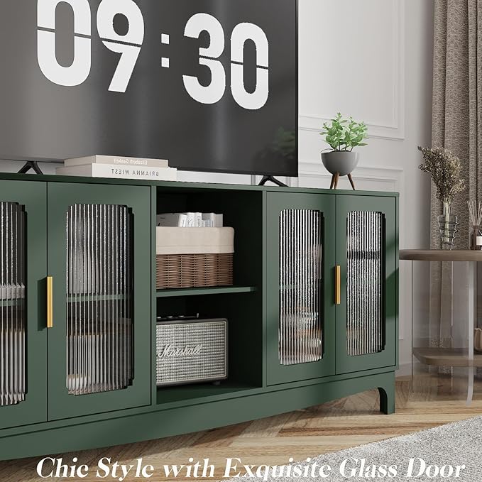 65 Inch Green TV Stand for TVs up to 70+ inch, Mid Century Modern Glass Door TV Console Table, Entertainment Center with Storage Cabinet, Wood Media Console for Bedroom, Living Room (Green)
