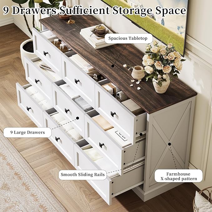 Farmhouse 9 Drawers Dresser Chests for Bedroom, White 9 Drawers TV Stand, Long Wood Dressers Organizer for Closet, Modern Storage Organizer Cabinet for Bedroom, Hallway & Entryway