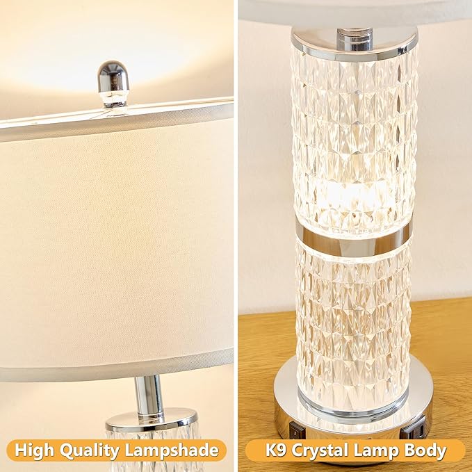 Crystal Table Lamp Set of 2, Modern Touch Lamp with Nightlight, 3-Way Dimmable Bedroom Lamp with 2 USB Ports & AC Outlets for Living Room Bedside Nightstand Lamp