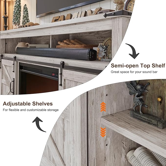 OKD Fireplace TV Stand for 65+ Inch TV, 33" Tall Highboy Farmhouse Entertainment Center w/ 23'' Electric Fireplace, Rustic Media Console w/Sliding Barn Door for Living Room, Antique Brush White
