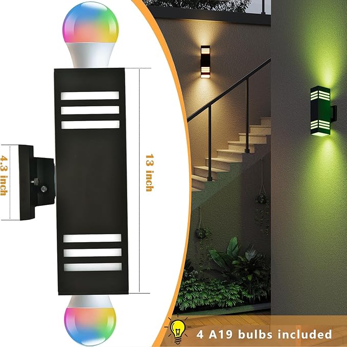 Smart Outdoor Sconce Lights 2 Pack, Up Down Wall Porch Lights RGB Color Changing WiFi APP Control, Dimmable LED Exterior Wall Lighting Fixtures Work with Alexa,No Hub Required,ETL Listed