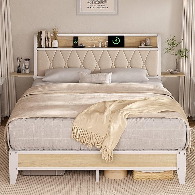 Queen Bed Frame with Side Storage Shelf, Ergonomic Upholstered Headboard with Charging Station, Queen Size Platform Bed Frame, Metal Slats Support, No Box Spring Needed, Easy Assembly, White