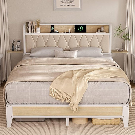 Queen Bed Frame with Side Storage Shelf, Ergonomic Upholstered Headboard with Charging Station, Queen Size Platform Bed Frame, Metal Slats Support, No Box Spring Needed, Easy Assembly, White