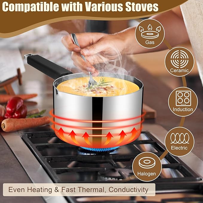 E-far 3 Quart Sauce Pan with Lid, Stainless Steel Tri-Ply All Clad Small Cooking Pot with Pour Spout, Multipurpose Induction Saucepan & Stay-Cool Handle, Compatible with All Cooktops, Dishwasher Safe