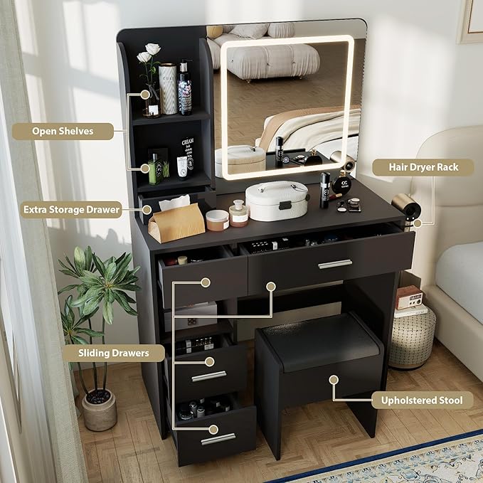 Vanity Desk with Mirror and Lights, 3 Adjustable Lighting Makeup Vanity Desk with 3 Storage Shelves, 5 Large Drawers and Power Outlet, Black Vanity with Chair for Bedroom