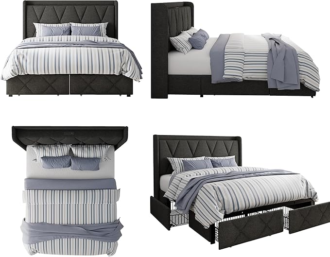 Queen Bed Frame with 4 Storage Drawers, Upholstered Platform Bed with Charging Station, Modern Wingback Storage Headboard, Easy Assembly,Noise-Free, Dark Gray