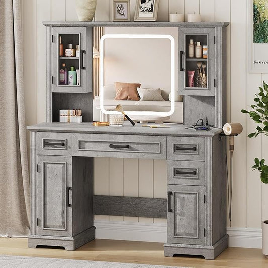 Maupvit Farmhouse Vanity Desk with Mirror and Lights, Makeup Vanity Table with Charging Station, 45" Bedroom Table with 4 Drawers and Cabinets, 3 Lighting Modes, Grey