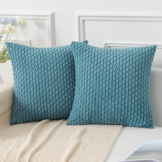 Kevin Textile Throw Pillow Covers Soft Corduroy Decorative Set of 2 Boho Striped Pillow Covers Pillowcases Farmhouse Home Decor for Couch Bed Sofa Living Room 26x26 Inch Light Blue