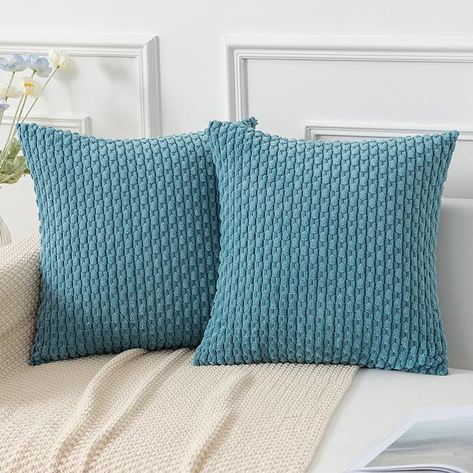 Kevin Textile Throw Pillow Covers Soft Corduroy Decorative Set of 2 Boho Striped Pillow Covers Pillowcases Farmhouse Home Decor for Couch Bed Sofa Living Room 22x22 Inch Light Blue