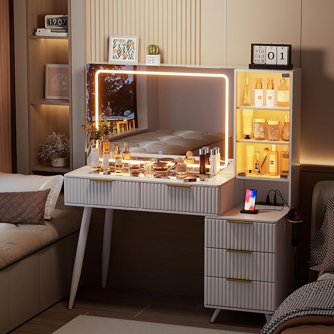 Makeup Vanity Desk with Mirror and Lights & Charging Station,Modern Glass Top Big Vanity Table with 5 Drawers,Sliding Storage Wall-Mounted Jewelry,3 Shelves for Bedroom,White