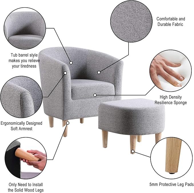 DAZONE Accent Chair with Ottoman, Modern Comfy Armchair Upholstered Barrel Club Chair and Footrest Set, Fabric Tub Arm Chairs for Living Room Bedroom Small Spaces Apartment Office, Set of 2, Gray