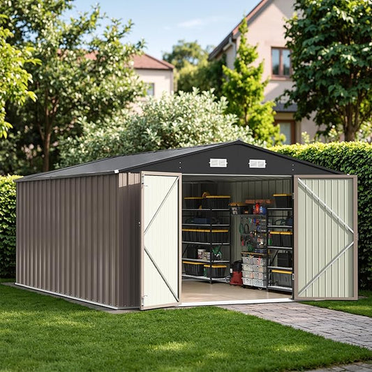 Patiowell 10x14 FT Outdoor Storage Shed, Large Metal Garden Shed with Lockable Door and Sloping Roof, Outside Steel Utility Tool Sheds for Backyard Lawn Garden Patio, Brown