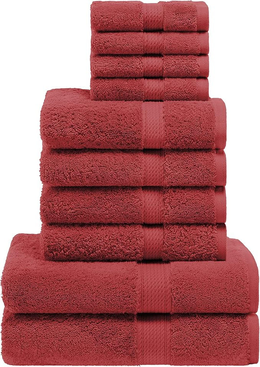 Superior Egyptian Cotton Pile 10 Piece Towel Set, Includes 2 Bath, 4 Hand, 4 Face Towels/Washcloths, Ultra Soft Luxury Towels, Thick Plush Essentials, Guest Bath, Spa, Hotel Bathroom, Red