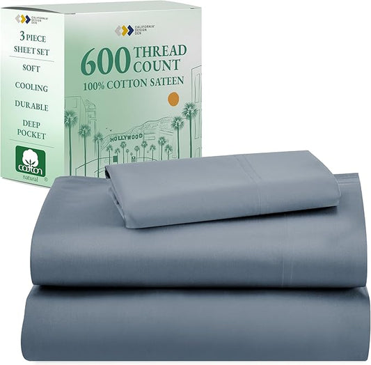 CALIFORNIA DESIGN DEN 5-Star Hotel Quality Twin Sheet Set, 100% Cotton Sateen, 600 Thread Count 3 Pc is Soft & Smooth with Deep Pocket Fitted Sheet (Blue)