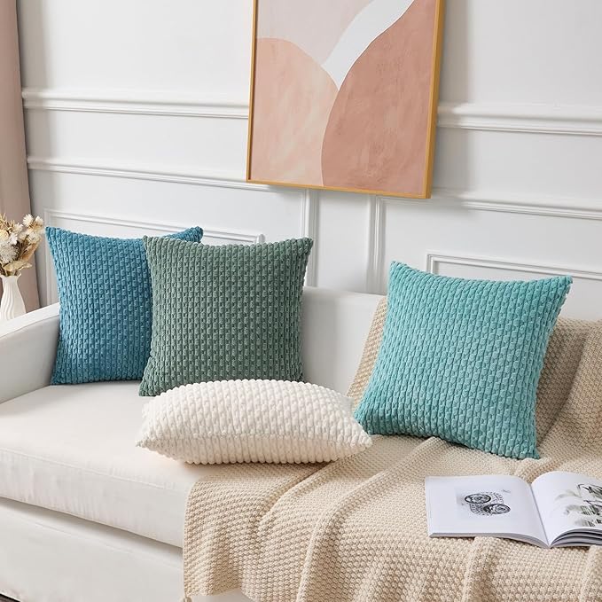 Kevin Textile Decorative Pillow Covers Set of 2 Striped Plush Corduroy Pillows Pillowcases Boho Home Decor Cushion Covers for Couch Sofa Bed Living Room 18x18 Inch, Teal Green