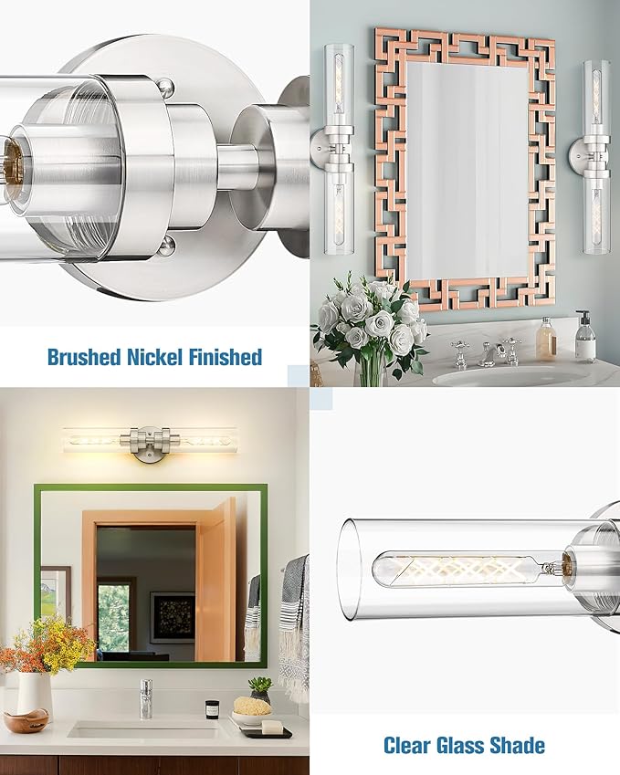 Emak Brushed Nickel Vanity Lights for Bathroom, Modern 22 Inch Bathroom Light Fixtures, 2-Light Cylinder Wall Sconces with Clear Glass Shade for Bathroom, Bedroom, Hallway, VL085-BN-2