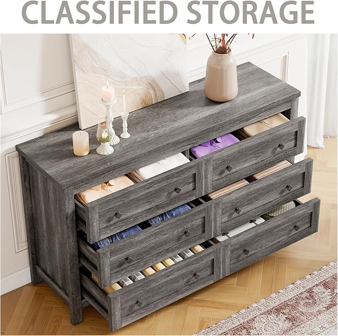 Farmhouse 6 Drawers Dresser, Wood Rustic Chest of Drawers for Bedroom, Closet Storage Dressers Organizer, 6 Drawers Chest for Living Room, Hallway, Grey