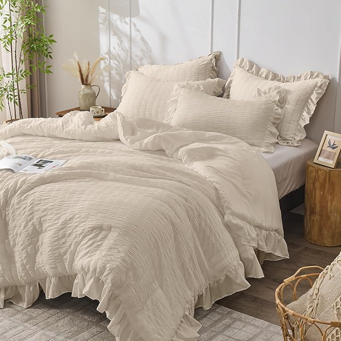 JOLLYVOGUE Beige King Comforter Set, 3 Pieces Seersucker Comforters King Size, Lightweight & Fluffy Bedding Sets for All Season with 1 Ruffle Comforter and 2 Ruffle Pillowshams