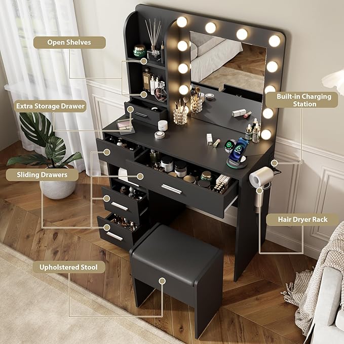 Vanity Desk with Mirror and Lights, 3 Adjustable Lighting Makeup Vanity Desk with 3 Storage Shelves, 5 Large Drawers and Power Outlet, Vanity with Chair for Bedroom, Black