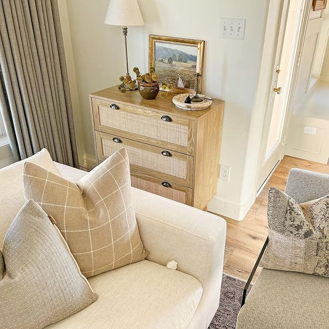 PHI VILLA Rattan Nightstand Set of 2 - Dresser with Drawer Boho Small Cabinet, 3 Drawer Dresser, Rattan Cabinet
