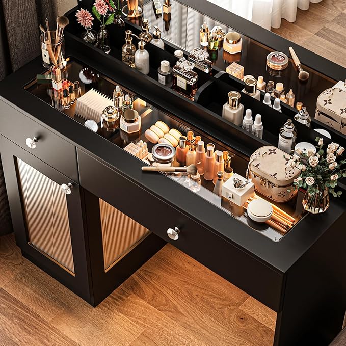 Vanity Desk with Large Mirror and Lights, 39.4'' Glass Top Makeup Vanity with RGB Cabinet Drawers Power Outlet 3 Color Light Modes Brightness Adjustable Vanity Dressing Table for Bedroom Black