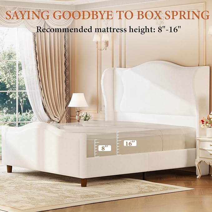 King Size Bed Frame Chenille Upholstered Platform Bed with Headboard and Footboard, 51" High Deep Tufted Wingback Sleigh Upholstered Bed, Modern Retro Minimalist Style, Easy Assembly, Cream