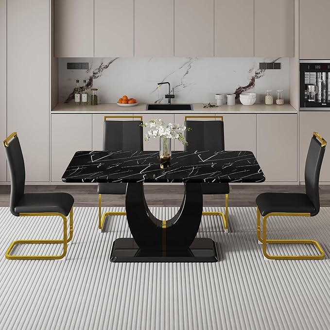 Dining Table Set for 4, Kitchen Table Chairs Set of 4, Modern Dining Room Set with 63 inch Marble Dinner Table PU Leather Upholstered Chairs for Dining Room Kitchen