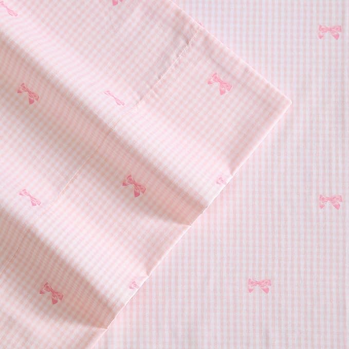 Laura Ashley Kids - Queen Sheet Set, Soft & Wrinkle-Resistant Toddler Bedding Set, Deep Pockets, Girl Bed Sheets with Matching Fitted Sheet & Pillowcases (Tiny Bows Pink)