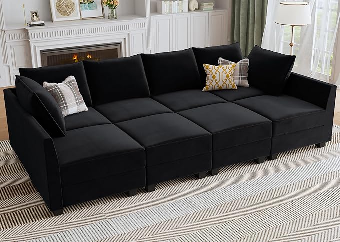 HONBAY Modular Sectional Sofa Velvet Sleeper Couch with Storage Seats Oversized Sectional Couches for Living Room,Black