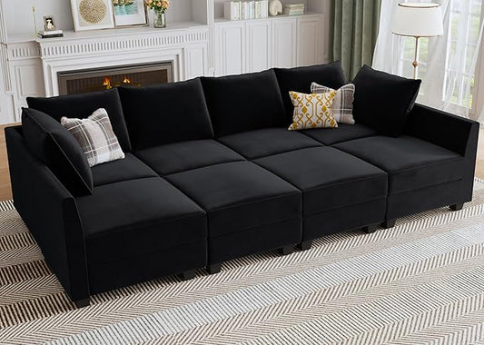 HONBAY Modular Sectional Sofa Velvet Sleeper Couch with Storage Seats Oversized Sectional Couches for Living Room,Black