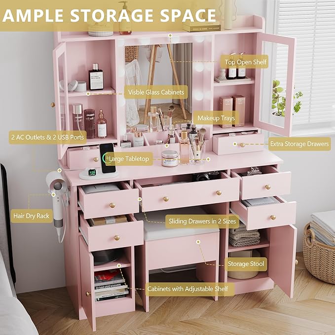 Makeup Vanity Desk with Mirror and Lights, Pink Vanity Table Set with Storage Drawers, Charging Station, Cabinets & Chair, Large Dressing Table with RGB Ambient Light for Women Girls Bedroom Bathroom