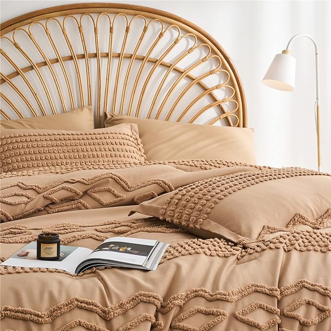 KAKIJUMN Khaki Tufted Comforter Set Full Size 7 Piece Bed in a Bag, Shabby Chic Boho Comforter and Sheet Set, Pom Pom Textured Bed Set, All Season Soft Microfiber Complete Bedding Set(Khaki,Full)