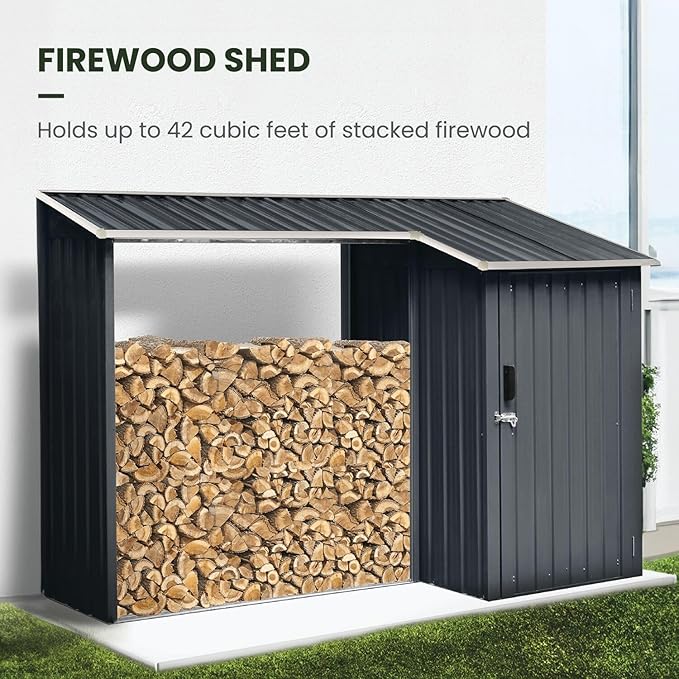 Hanover Outdoor 2 in 1 Multipurpose Sloped Roof Shed with 9 Square Feet Lockable Single Door Tool Storage and 42 Cubic Feet Raised Firewood Rack Made of Weather Resistant Galvanized Steel in Dark Gray