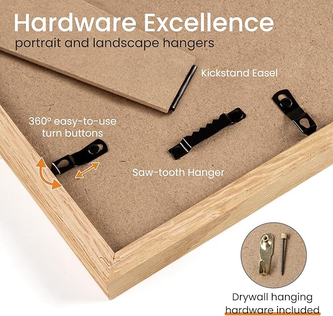 Axeman Solid Oak 4x6 Photo Frame - 3.5x5 Mat, Hanging Hardware Included - Natural, 3 PCs