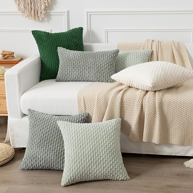 Kevin Textile Throw Pillow Covers Soft Corduroy Decorative Set of 2 Boho Striped Pillow Covers Pillowcases Farmhouse Home Decor for Couch Bed Sofa Living Room 24x24 Inch Greyish Green