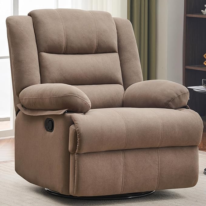 Swivel Rocking Recliner Chair for Adults, Overstuffed Manual Rocker Nursery Recliner Glider, Upholstered Fabric Reclining Single Sofa Chair for Living Room (Mocha)