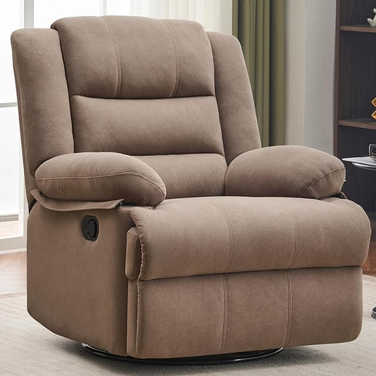Swivel Rocking Recliner Chair for Adults, Overstuffed Manual Rocker Nursery Recliner Glider, Upholstered Fabric Reclining Single Sofa Chair for Living Room (Mocha)