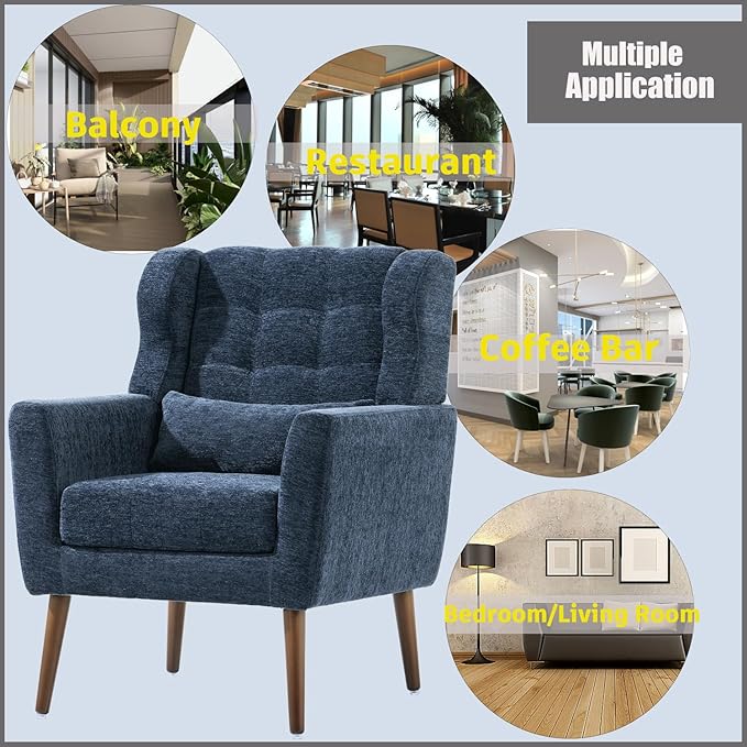 Accent Chair, Comfy Upholstered Living Room Chairs with High Tufted Backrest and Pillow, Wingback Reading Chair with Solid Wood Legs for Bedroom/Office, Chenille Fabric, Dark Blue