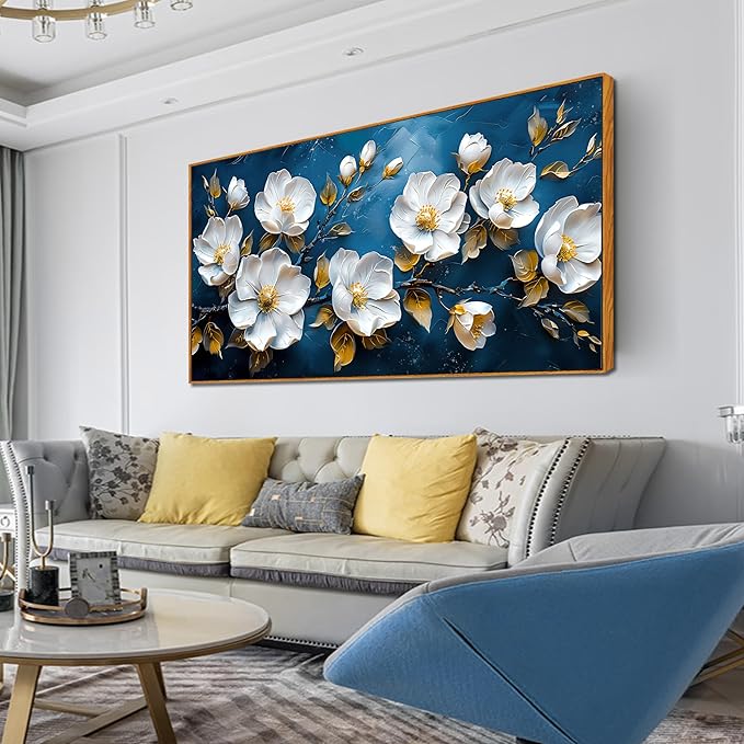 White Flower Wall Decor for Bedroom Women - Large Framed Wall Art for Living Room Ready to Hang Size 29"x 59"