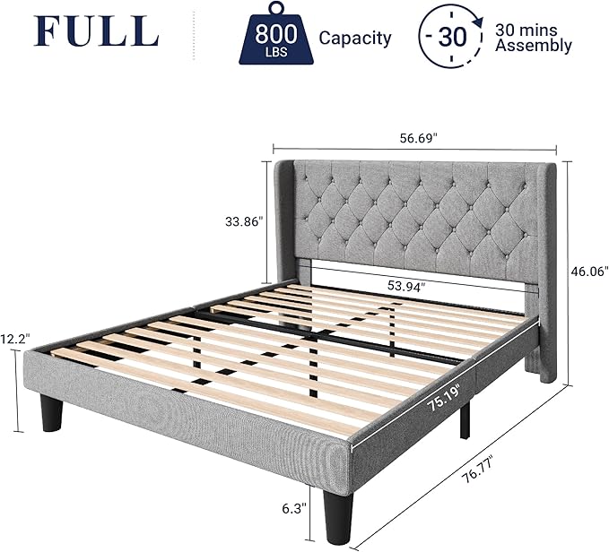 Allewie Full Size Bed Frame with Button Tufted Wingback Headboard, Modern Fabric Upholstered Platform Bed Frame with Strong Wood Slat Support, No Box Spring Needed, Easy Assembly, Light Grey