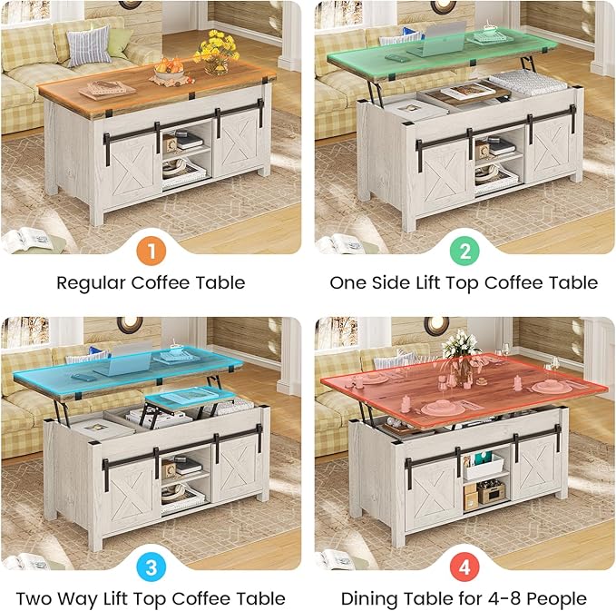 SEDETA Lift Top Coffee Table, 4 in 1 Multi-Function Convertible Coffee Tables with Storage and Hidden Compartment, Farmhouse Coffee Table Converts to Dining Table for Living Room, Brown Top