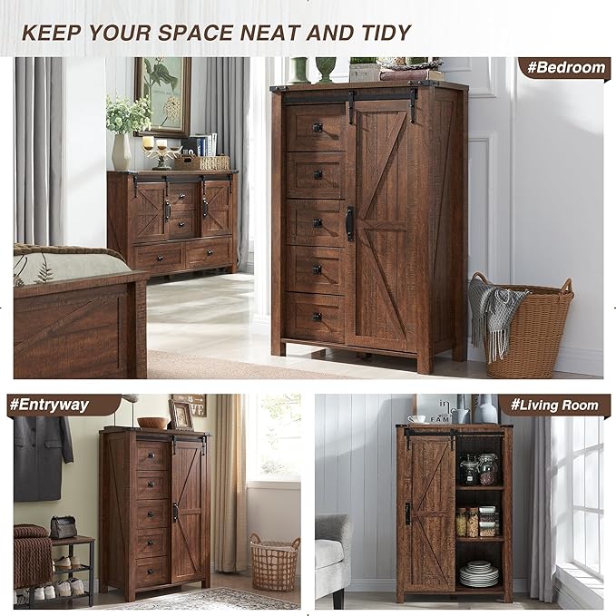 T4TREAM 5 Drawers Dresser for Bedroom w/Sliding Barn Door, Farmhouse Modern Dresser Tall 5 Chest of Drawers, Storage Organizer for Bedroom, Hallway, Living Room, Kids Room, Reclaimed Barnwood