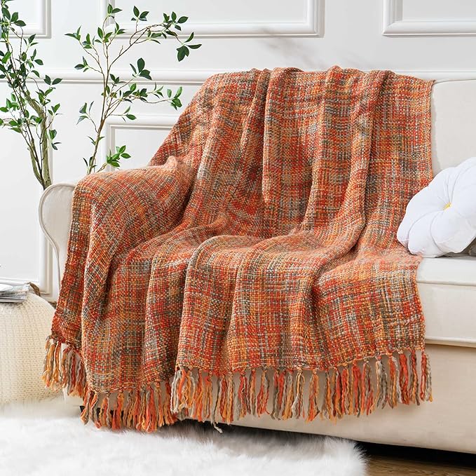 BATTILO HOME Rust Orange Throw Blanket for Couch, Bed, Boho Colorful Throw Blanket with Tassels, Halloween Decor, Fall Throw Blankets for Home Decor, 50"x60"