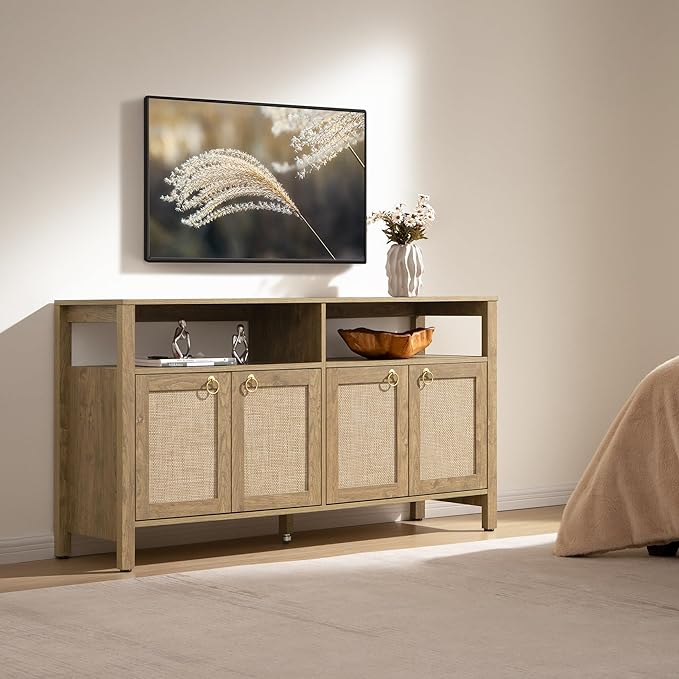 SICOTAS Rattan TV Stand for Television up to 120 Inch - Large Entertainment Center with Storage and Open Shelves, Boho Media TV Console Cabinet with Doors and Adjustable Shelf for Living Room