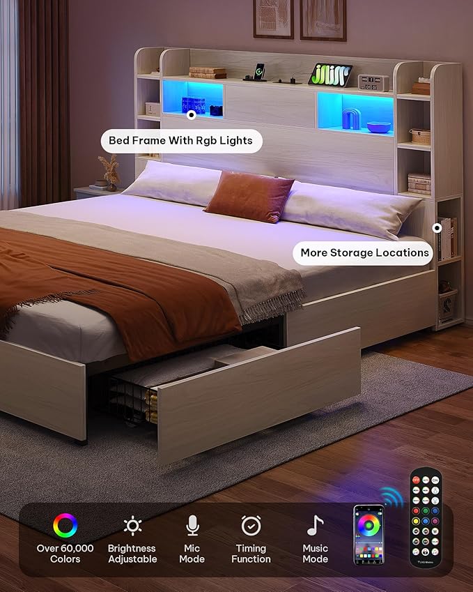 YITAHOME Queen Size Bed Frame with Bookcase Headboard and 4 Storage Drawers, RGB LED Bed Frame with Type-C & USB Charging Station Storage Headboard Bed, No Box Spring Needed, Noise Free, Antique White