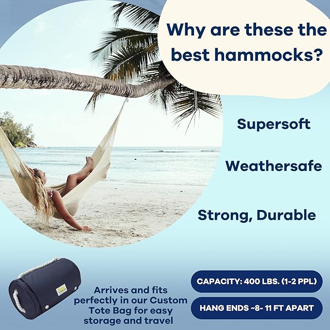 Handwoven Hammock by Yellow Leaf Hammocks - Double Size, Fits 1-2 PPL, 400lb max - Weathersafe, Super Strong, Easy to Hang, Ultra Soft, Artisan Made - Color: Natural Khaki