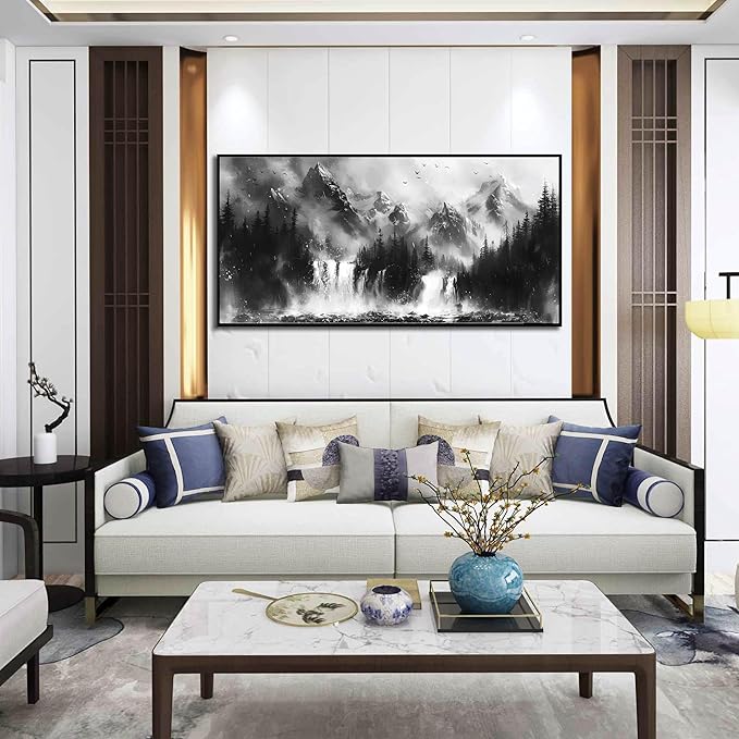 Foggy Forest Art Wall Decor for Living Room - Office Artwork Wall Decor - Black and White Framed Wall Art for Bedroom Size 24" x 48"