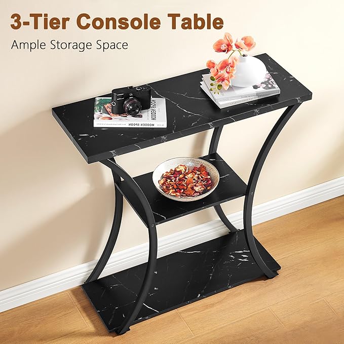 Hoctieon 3 Tier Console Table with Open Wood Shelves, Decorative Entryway Table with Curved Metal Frames, Narrow Sofa Table for Entrance, Living Room, Hallway, Black Marbled
