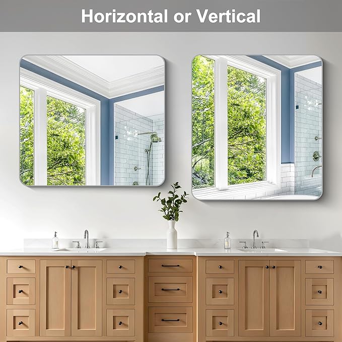 36x40 Inch Silver Bathroom Mirror, Metal Framed Silver Rectangle Mirrors, Rounded Rectangular Vanity Mirror, Wall Mounted Mirrors for Living Room Bedroom Entryway Hangs Horizontal or Vertical
